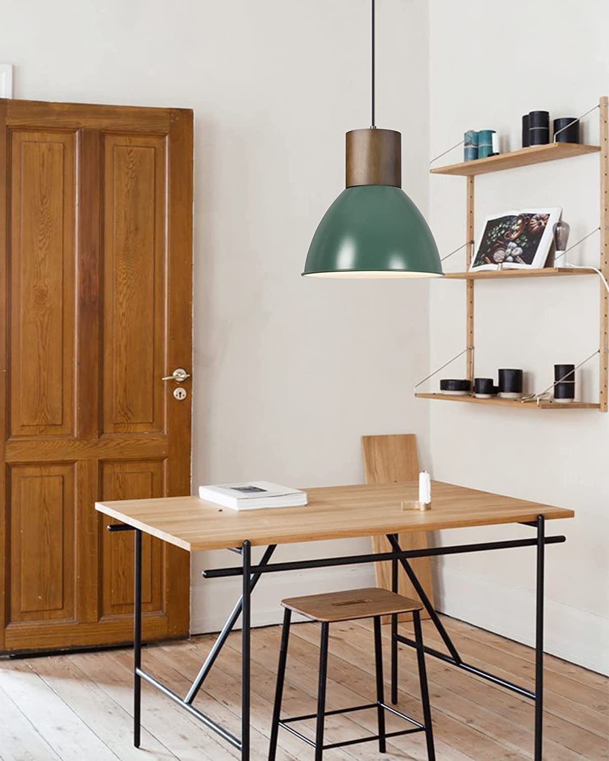 Lampa wisząca na baterie Farmhouse, drewniana lampa sufitowa na baterie z metalowym kloszem 11,6", regulowana wysokość, zawieszenie w stylu nordyckim bez okablowania (kolor: Zielony)