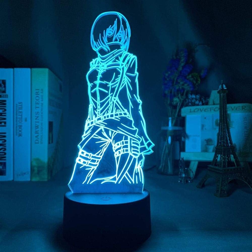 BTEVX 3D Optical Illusion Lamp Attack On Titan Mikasa Ackerman Figure Kids Nightlight for Room Decoration Led Color Changing Night Light Anime Gift -7 colors no remote