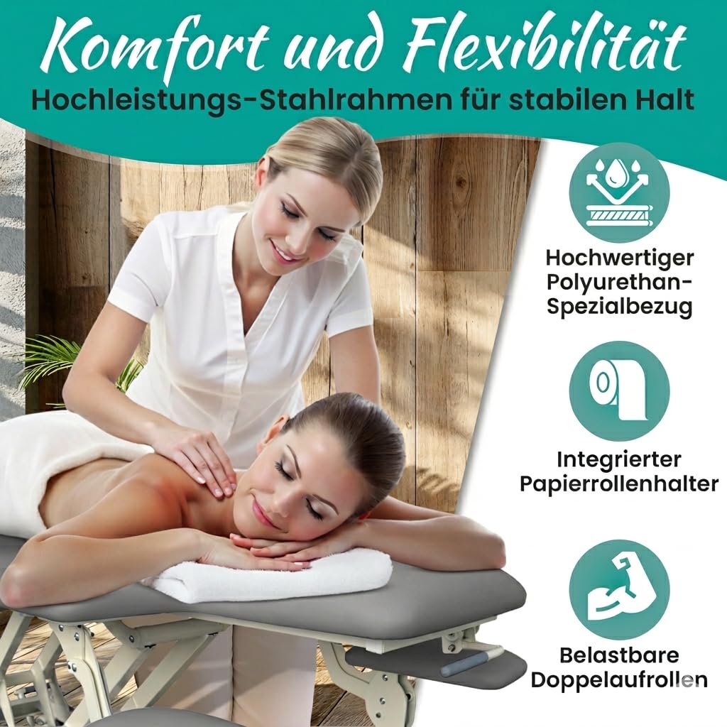 Elektrische Massageliege Houston - Therapieliege Behandlungsliege höhenverstellbar bis 95,5 cm mit 3-teiligem Kopfteil - Kosmetikliege inkl. Papierrollenhalter - Belastbar bis 200 kg