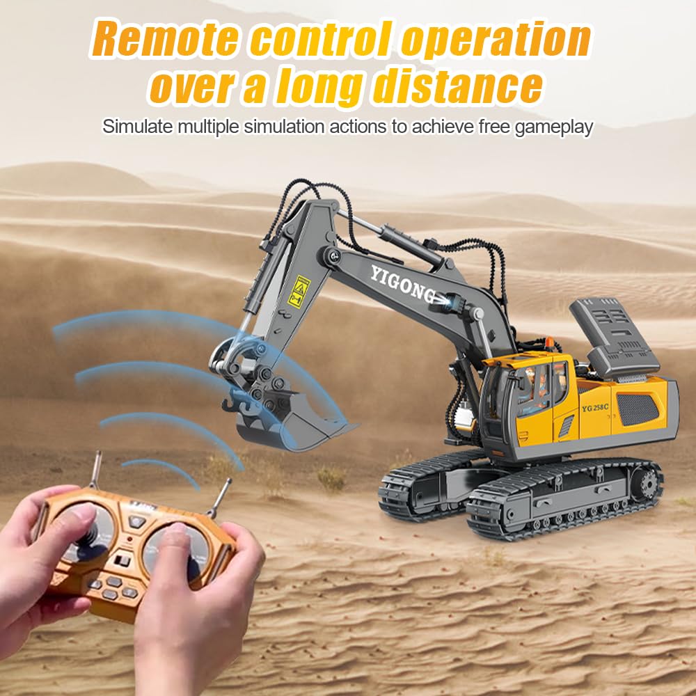 Excavadora de Control Remoto, 2,4 GHz Juguete Excavadora Teledirigido, Excavadoras Teledirigida para Niños, Rotación de 680°, 11 Canales, Sonido y Luz, para Niños y Niñas Mayores de 3 Años