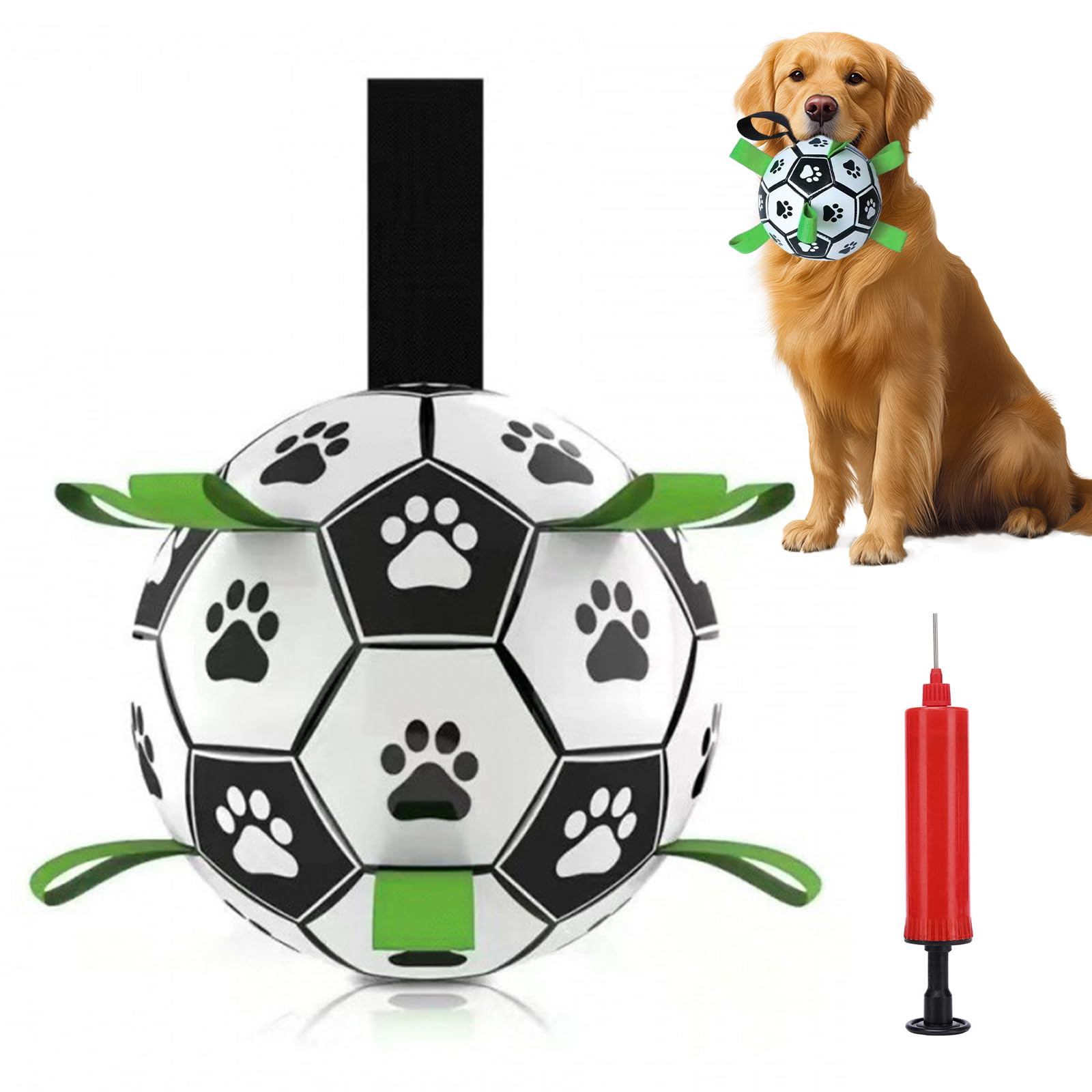 YHSKJCD Dog Football Ball and Tug Toys for Small & Medium Dogs - Interactive Water Toys with Grab Tabs, white,black,green, 15cm/6in