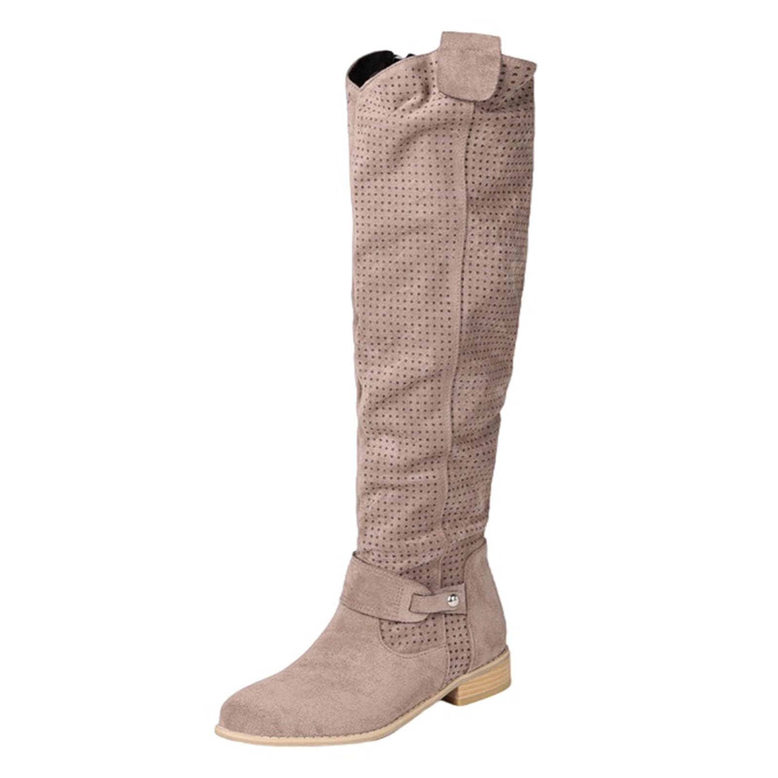 Womens Tall Boots Wide Calf 3cm Low Heel Suede-Look Upper with Faux Fur Lining Khaki Color Available