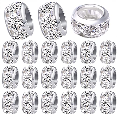 40Pcs 10 Mm Silver European Rhinestone Spacer Beads Brass Large Hole Beads Round Rondelle Loose Charm Beads For Snake Chain Bracelet Necklace Jewelry Making Supplies, Hole: 5.5 Mm #TOP16