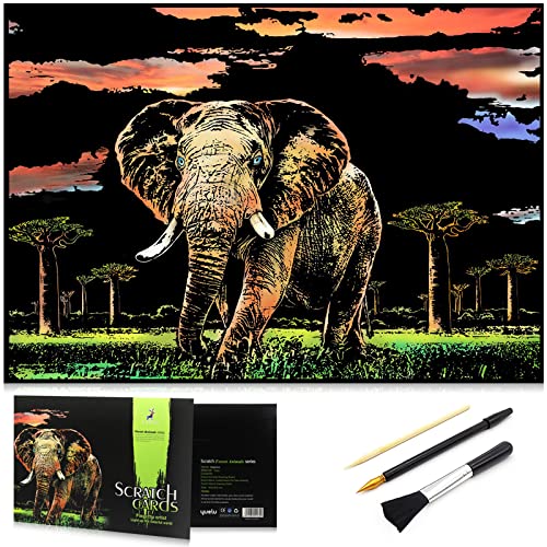 Miastar Scratch Art Animal Rainbow Painting Paper, Creative Foil Scratch Art Toys Gift, Engraving Art & Craft Set, Diy Sketch Card Scratchboard For Kids & Adults - 16'' X 11.2'' With 3 Tools(Elephant) #TOP14