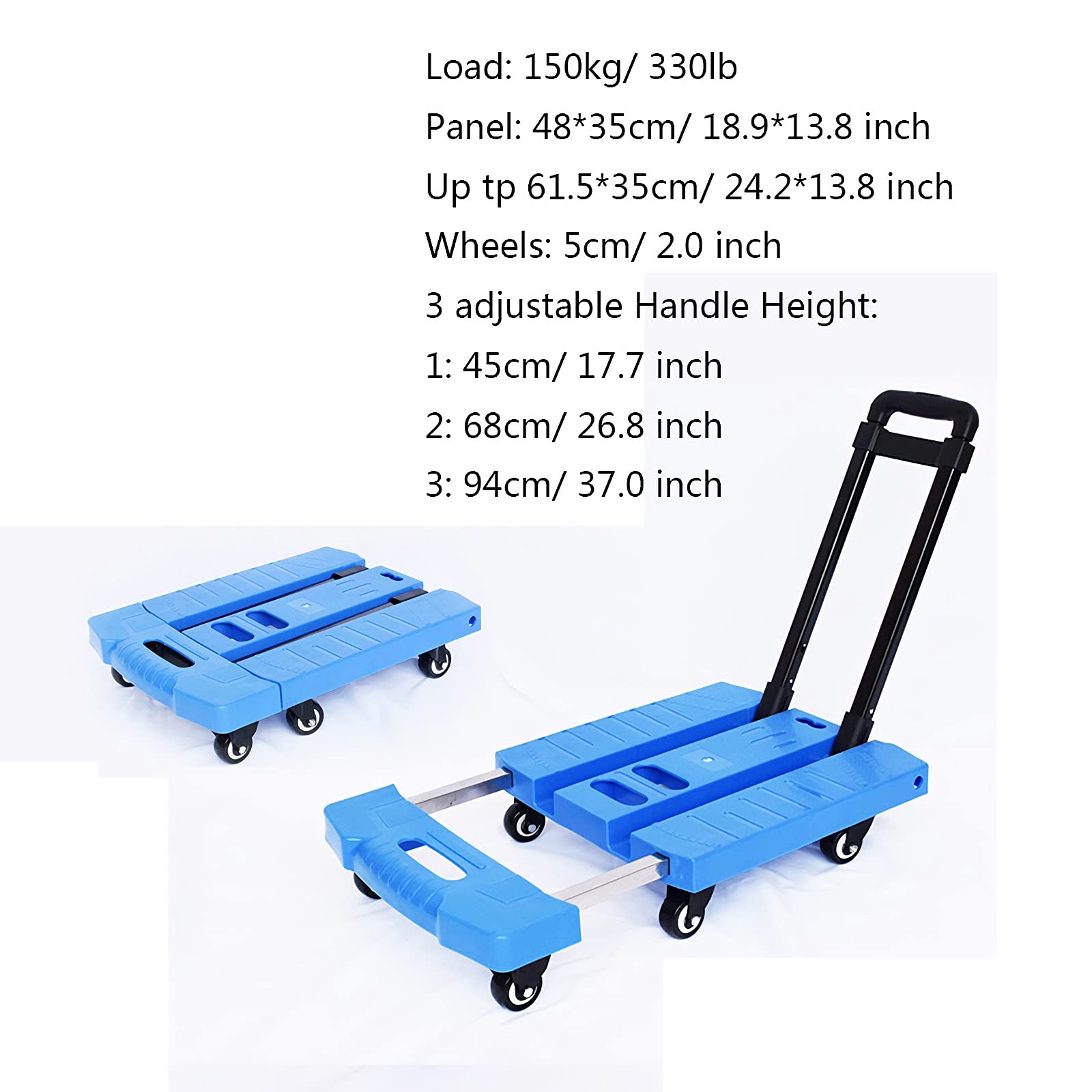 Carrello pieghevole a 6 ruote con manico elastico, capacità di 150 kg, resistente, per casa, ufficio, viaggi, traslochi e shopping