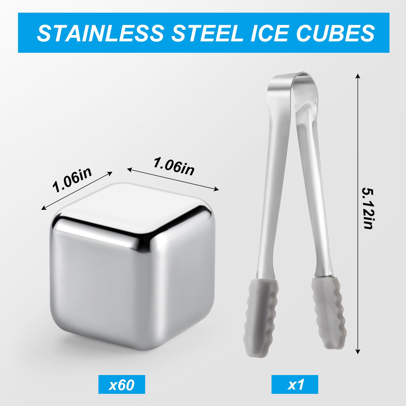 Yexiya 60 cubos de hielo de acero inoxidable con pinzas de hielo, cubos de whisky, herramientas de metal para whisky, piedras de hielo reutilizables para bebidas, enfriar whisky, vodka, licores, vino,