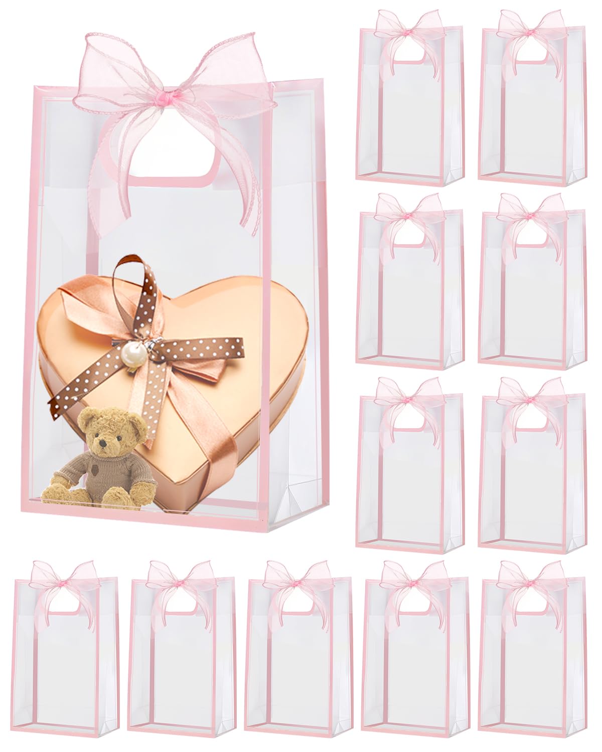 Liobelon 12 Pieces Clear Plastic Gift Bags with Handle Reusable Transparent Gift Bag with Ties PP Gift Wrap Tote Bag with Ribbon for Wedding