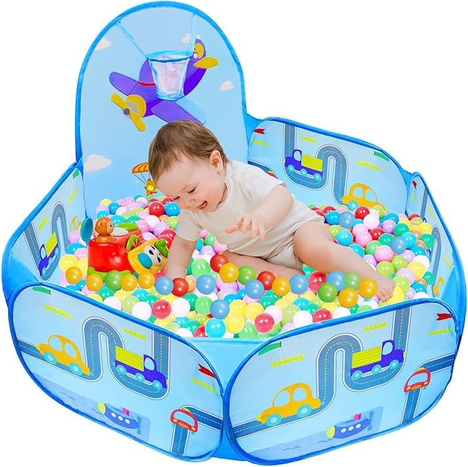 Image of BabyGo Kids Aeroplane Basketball Ball Pool for Kids, Play Tent House for 2+ Year Old Girls and Boys, Ball Pit for Kid, Spacious, Lightweight, Portable & Easy to Set Up, (Blue) (30 Balls)