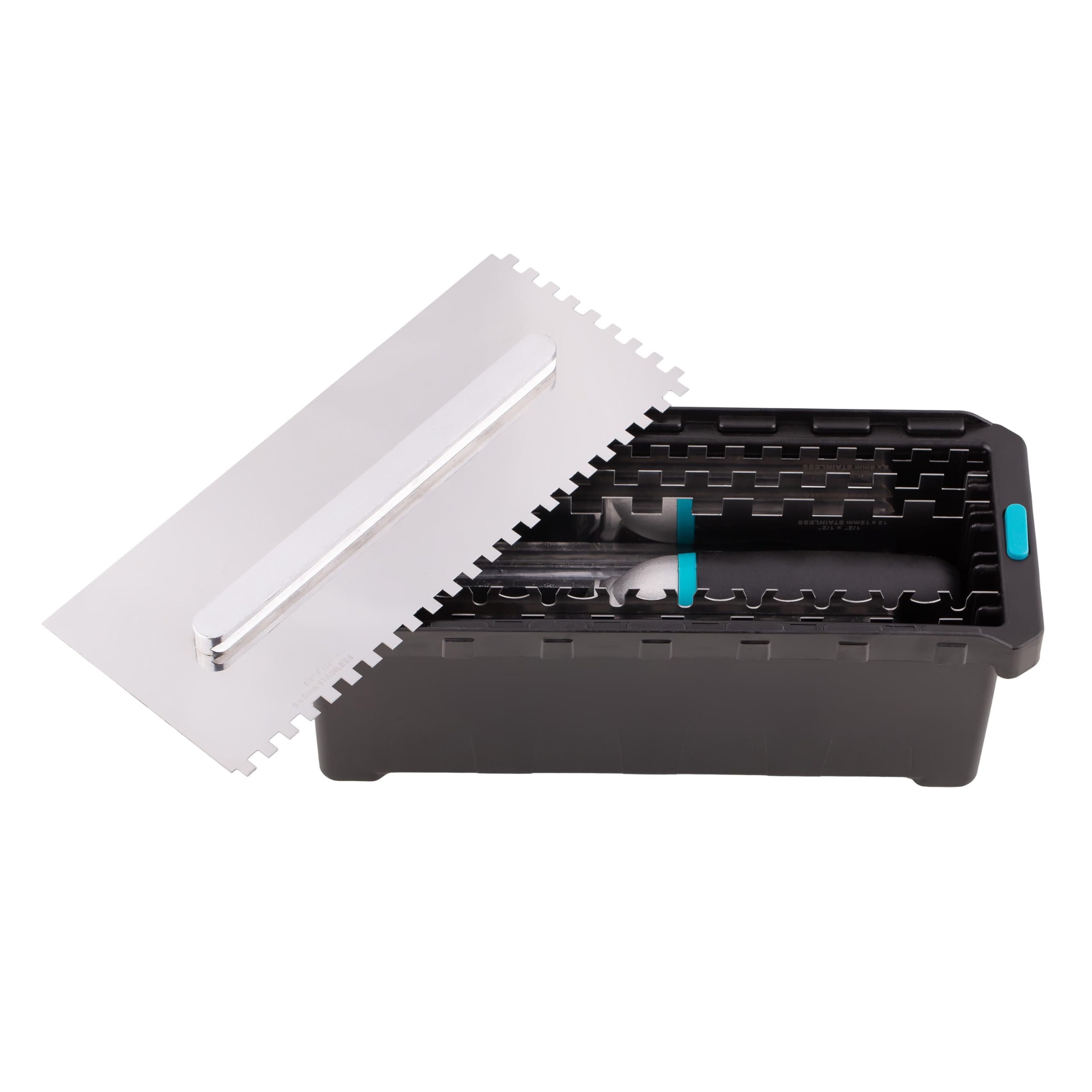 MIVOS Set di Frattazzi con manico staccabile e scatola per il trasporto - 6, 8, 10, 12 mm, Tipo U, tipo Tiger - 6 Frattazzi dentati - Frattazzi in acciaio inox con impugnatura morbida - Cazzuola