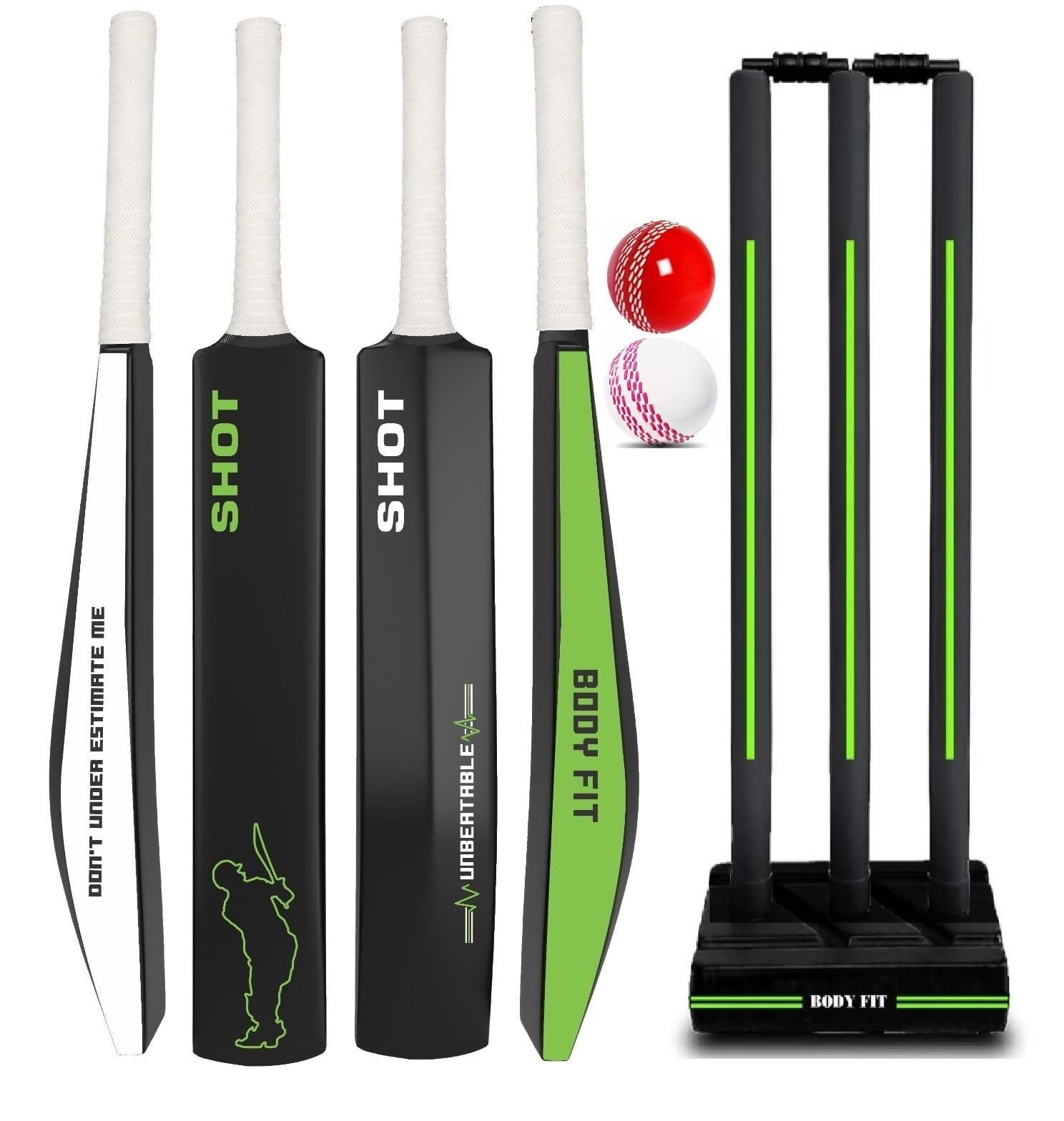 Bodyfit Shot Heavy Duty Premium Cricket Bat | Lightweight| Full Size| | Hard Plastic Bat| Premium Cricket Wicket Set l 3 Stumps+2 Bails+1 Stand Set, 2 Balls, Green WG.-picture-23