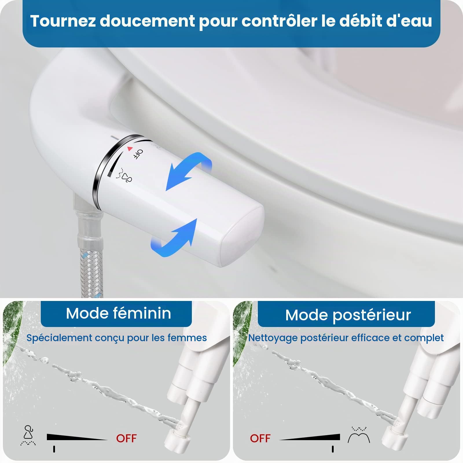 Ultra-thin Bidet Toilette WC, Kit Abattant WC Japonais Bidet De Salle De Bain, Pulvérisateur De Bidet Boku, Buse Rétractable（Anti-colmatage） Et Pression D'eau Réglable, Eau Froide, Blanc