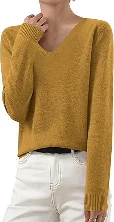 OIOLOYJM Fall Cashmere Sweaters for Women 2025 V Neck Long Sleeve Tops Lightweight Knitted Pullovers Merino Wool Sweater