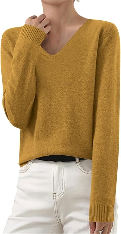 OIOLOYJM Fall Cashmere Sweaters for Women 2025 V Neck Long Sleeve Tops Lightweight Knitted Pullovers Merino Wool Sweater