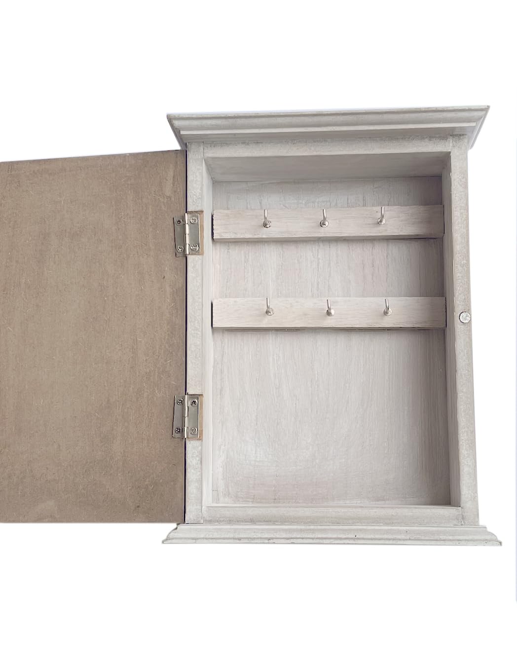 GreyZouq Wooden Key Cabinet Wall Mounted Cupboard. Keyhole shaped window design or elephant carving. Perfect Organiser for Keys. Magnetic Door Closure and Six Hooks (Natural Elephant) - Image 4