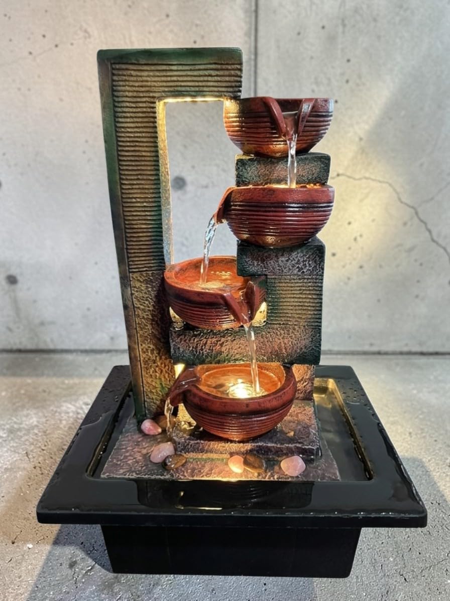 Indoor 4 Tier Design LED Water Fountain || Big Cascading Tabletop Waterfall Showpiece for Office Desk, Living Room Decor-image-1