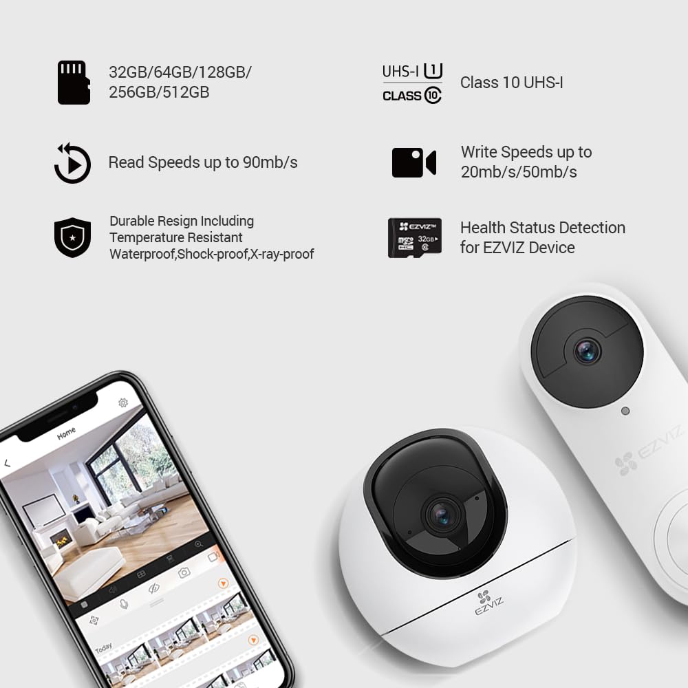 EZVIZ Micro SD, Scheda di Memoria fino a 90MB/Sec, Specialmente per EZVIZ Telecamere, Video