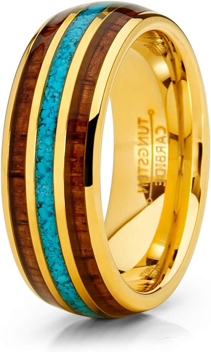 Black Tungsten Carbide Koa Wood & Crushed Turquoise Inlay Men's Comfort Fit Wedding Band Engagement Ring 8MM
