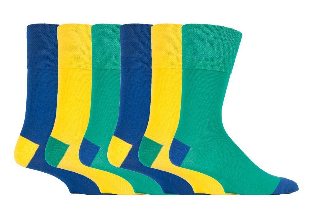 6x Pairs of Men's "Colourburst" Gentle Grip HoneyCombe Top Non Elastic Socks by SockShop/UK 6-11 Eur 39-45 (Green/Yellow - RJ89H3)