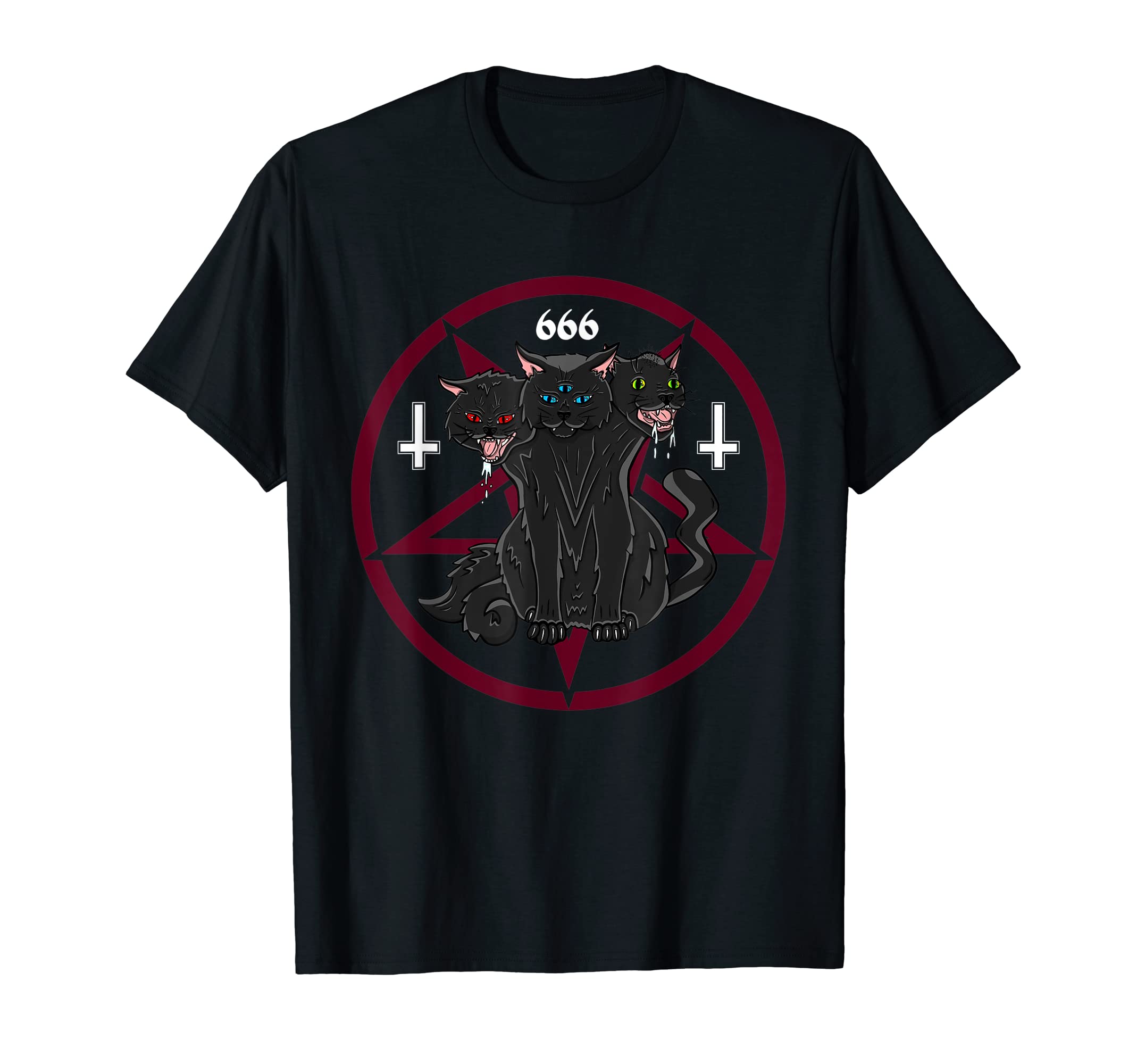 Occult Demonic Satanism ApparelCrazy Cerberus Satanic Cat Demonic Three Headed Evil Cat T-Shirt