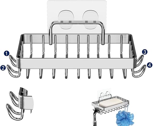 Miniatura 9 de Jabonera con ganchos para ducha, acero inoxidable 304 a prueba de óxido, adhesivo sin perforación, color negro