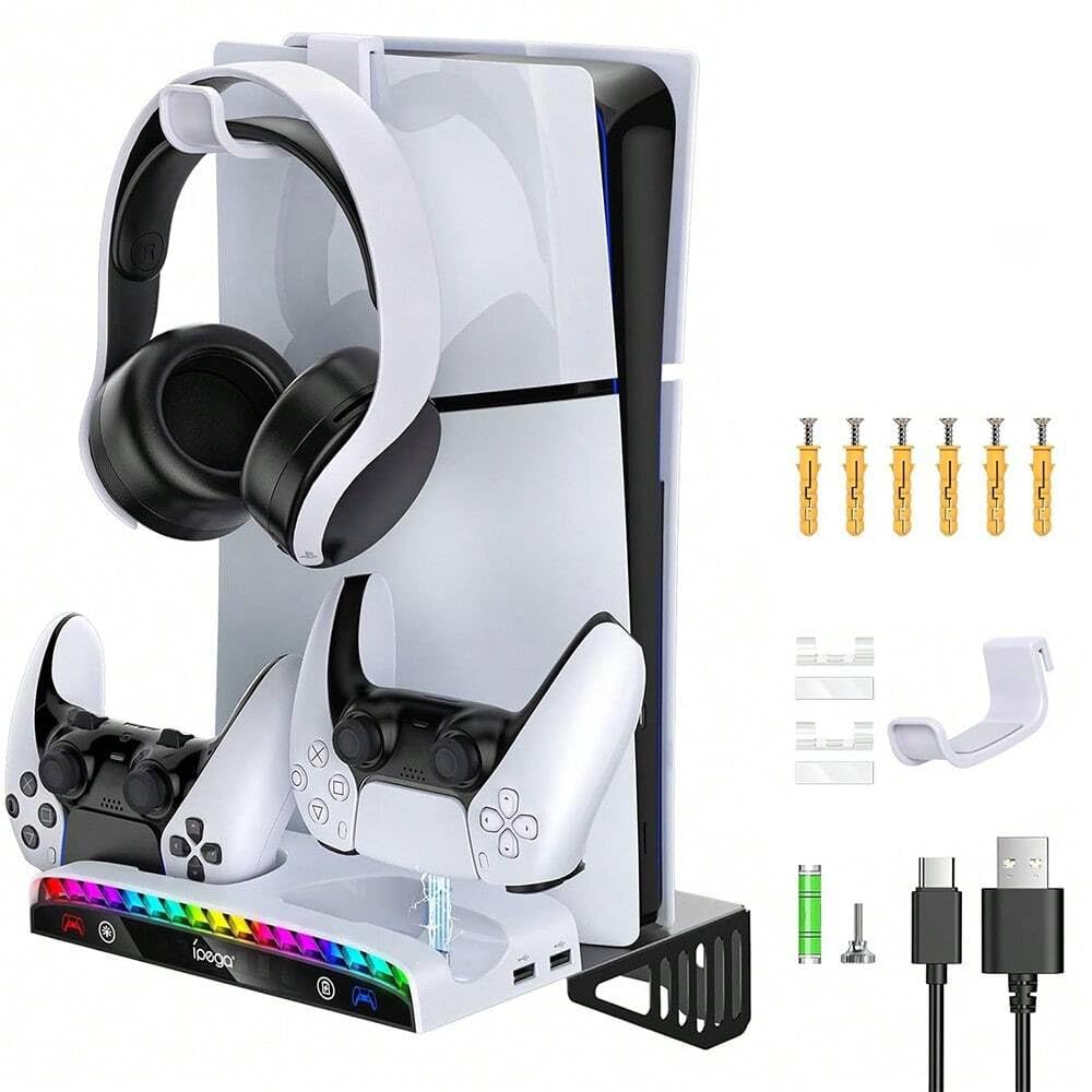 ipega PS5 PS5 Slim Wall Mount Stand With RGB Light Charging Base, Compatible With PlayStation 5 / PlayStation 5 Slim Disc & Digital Edition