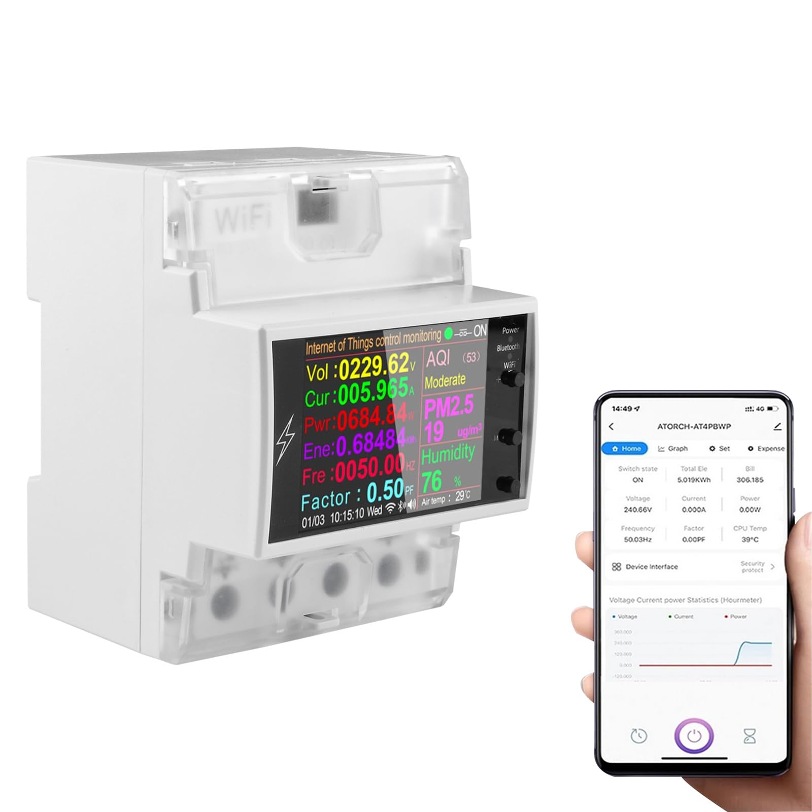 Diymore Misuratore di Energia 100A WiFi Din Rail Telecomando per interruttore intelligente,Monitor del consumo di energia digitale,Misuratore di fattore di frequenza AC85-265V Digital Volt Amp Kwh