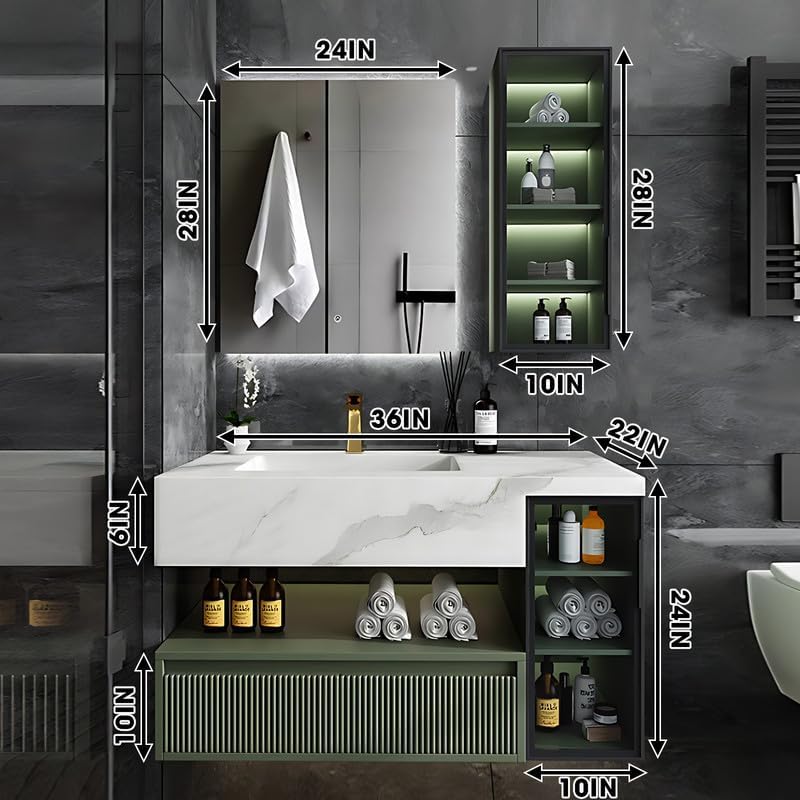 Bathroom Vanity - Floating Bathroom Vanities with Sink Includes Green Modern Minimalist Design Wall Mouted Cabinet with White Slate Countertop & Mirror Side Storage | Led Light（36IN）