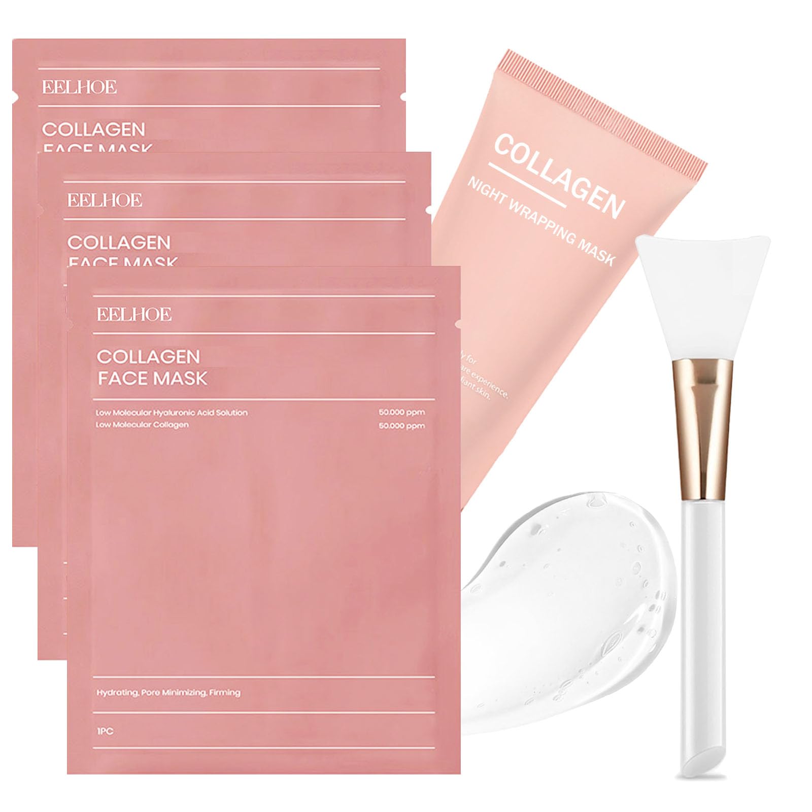 Collagen Night Wrapping Mask + Brush - with 3PCS Collagen Face Mask Overnight Set - Glass Skin Co-llagen Mask - Peel Off Facial Ma-sk for Lifting and Firming - Reduce Dullness, Hydrating, Moisturizing