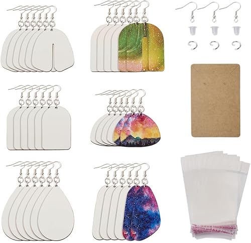 Spritewelry 18 pares de productos de sublimación en blanco para sublimación, aretes de MDF sin terminar con tarjetas, anillos de salto, ganchos para