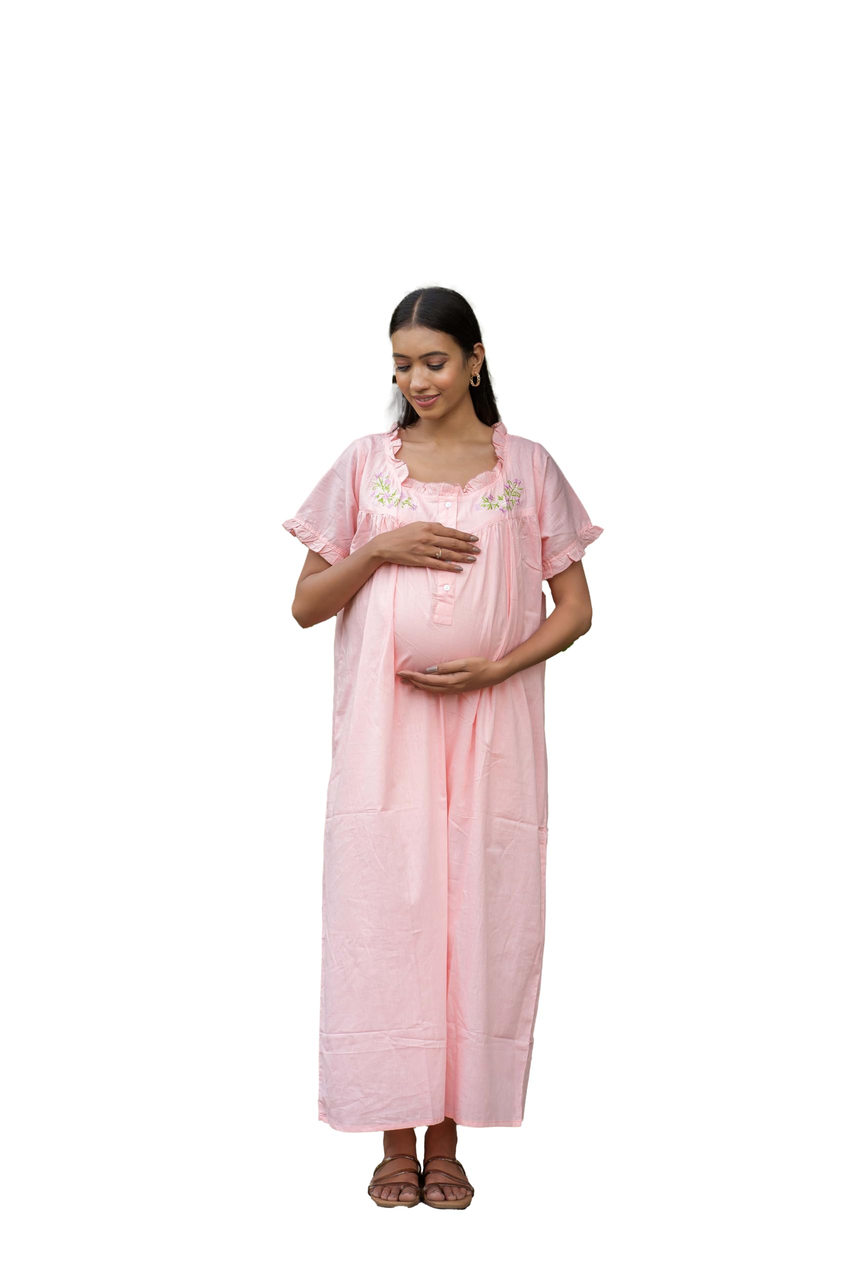 Cotton Sleeves Maternity & Nursing Gown Floral Wreath-picture-18