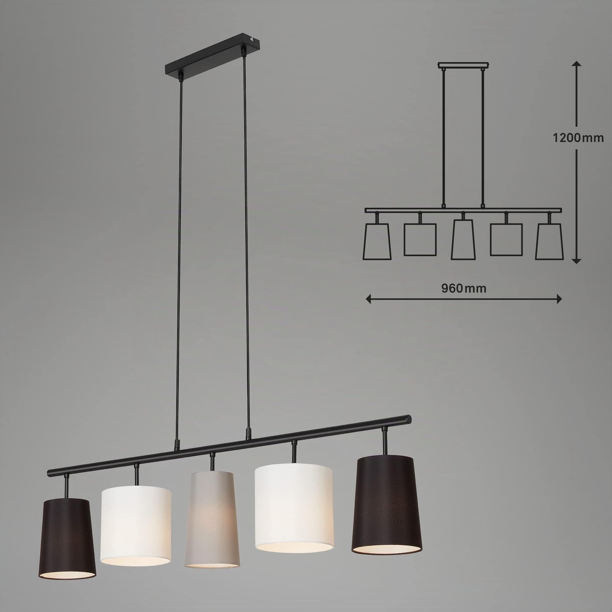 BRILONER - Lampadario a Sospensione da soffitto a 5 luci, lampada a sospensione – Design by Kare con paralumi in tessuto, 130mm l´uno – Compatibile con lampadine E14, 40 W, 960x1.200mm (LxA)