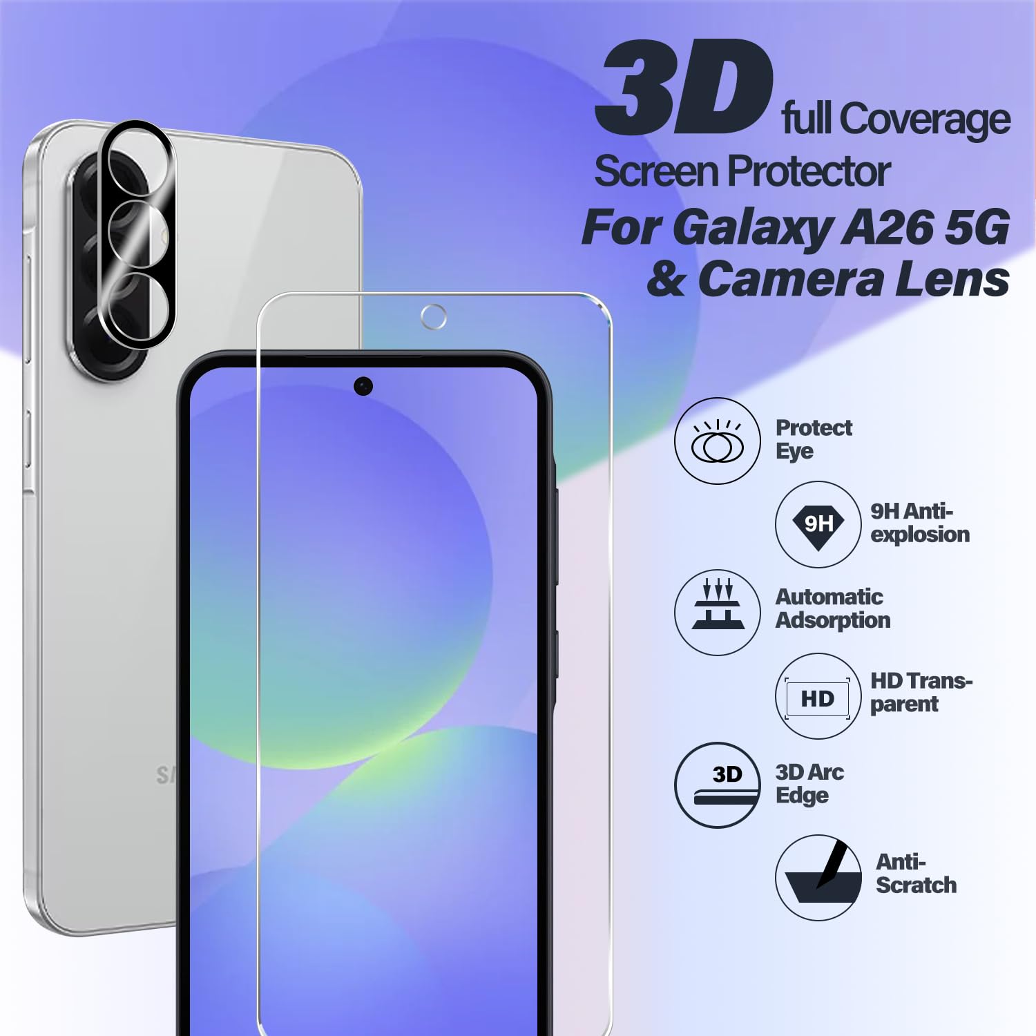 BIGFACE Protector de pantalla de vidrio templado para Galaxy A36 + protector de lente de cámara [paquete de 2 + 2] [compatible con fundas] [antiarañazos] [desbloqueo ultrasónico de huellas dactilares