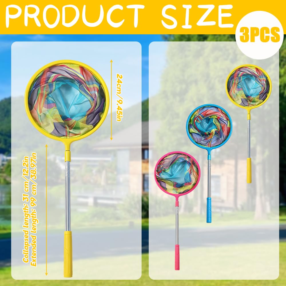 3 pcs Angel Kescher für Kinder, Teleskop Kescher Angeln mit Teleskopstange 55-123cm, Angelkescher Schmetterlingsnetz Klein zum Fangen von Insekten, Schmetterlingen, Fischernetze