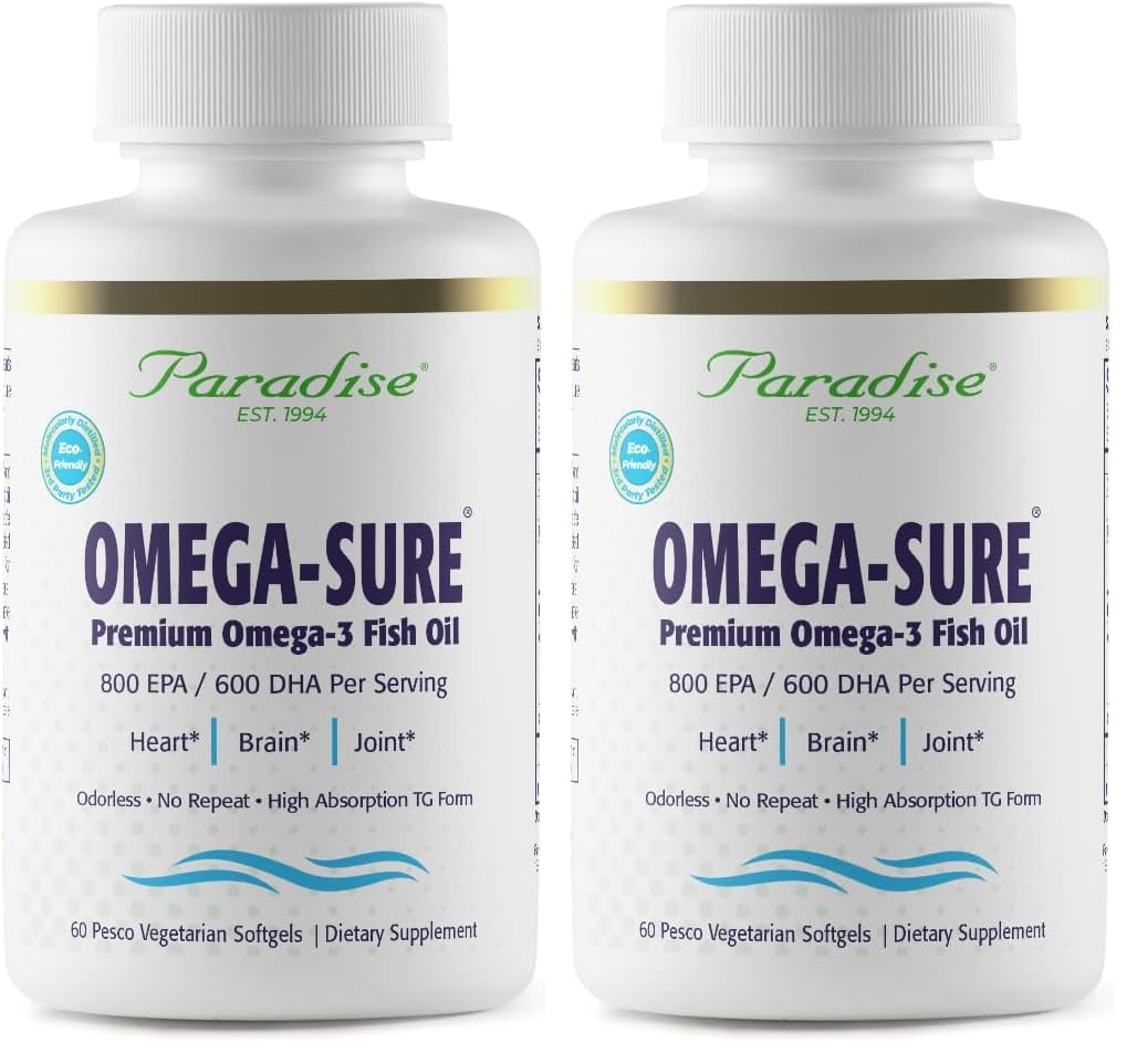Paradise Herbs Omega-Sure, Omega-3 Concentrate, Premium Fish Oil, DHA, EPA, Vegan, Non GMO, Gluten Free, 60 Count Vegetarian Softgels (Pack of 2) 60 Count (Pack of 2)