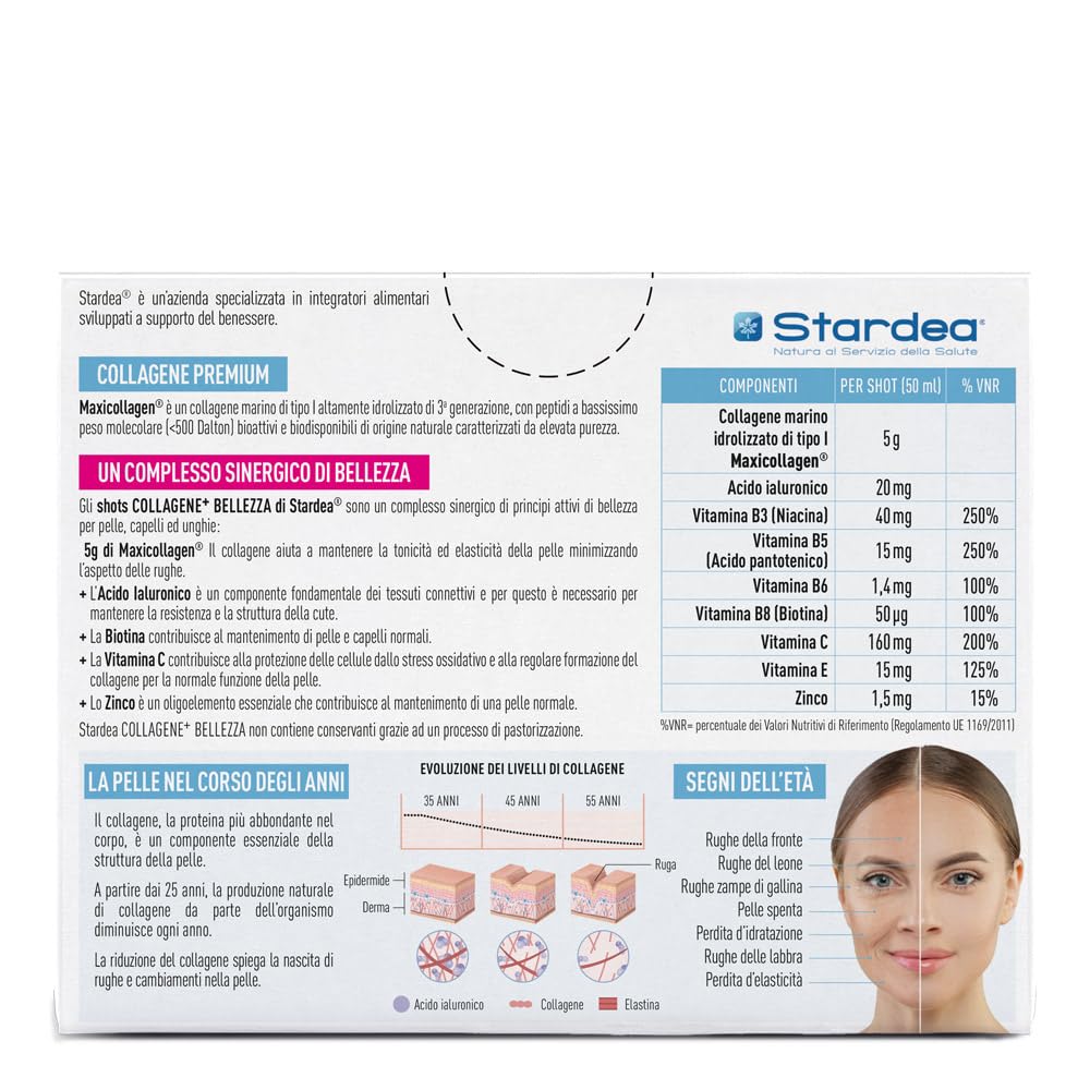 COLLAGENE MARINO e ACIDO IALURONICO 8 Flaconcini da Bere | 5g Collagene Marino idrolizzato e Acido ialuronico + Vitamina C + Biotina + Zinco + Niacina | STARDEA COLLAGENE + BELLEZZA SHOT
