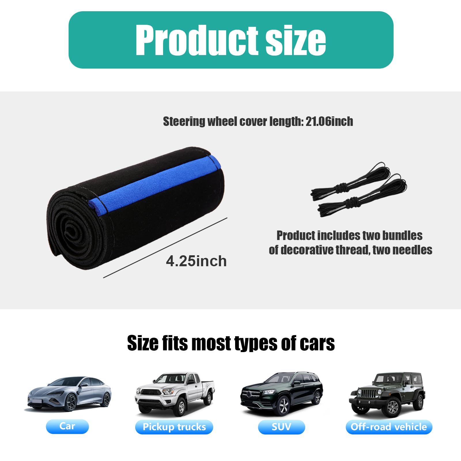 Dickno Car Steering Wheel Cover, Anti-Slip Auto Stitch on Wrap Steering Wheel Protector for Max Diameter 15 Inch, DIY Sewing with Needle Thread, Universal Vehicle Interior Decor (Black & Blue)