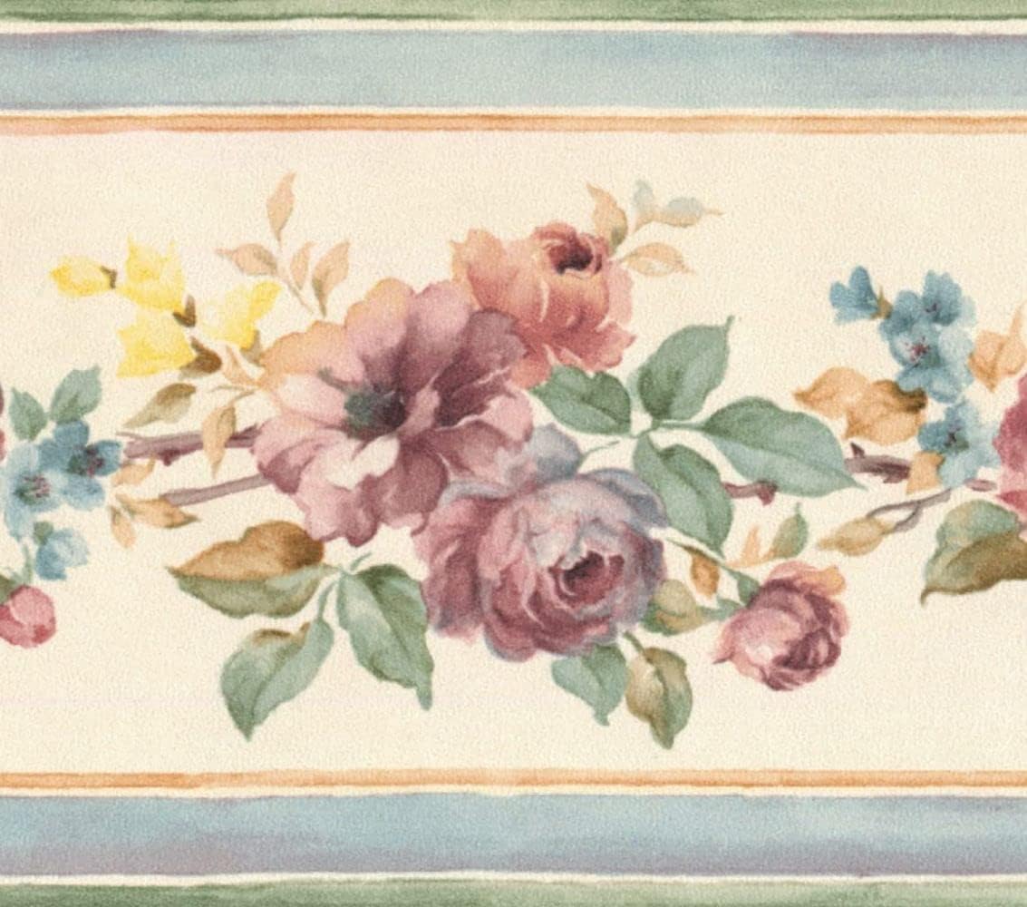 CONCORD WALLCOVERINGS ™ Wallpaper Border Floral Pattern Flowers Leaves Buds for Living Room Bedroom Dining Area, Cream Pastel Green Brown Pink Blue Yellow, 3.75 Inches by 15 Feet PR79649