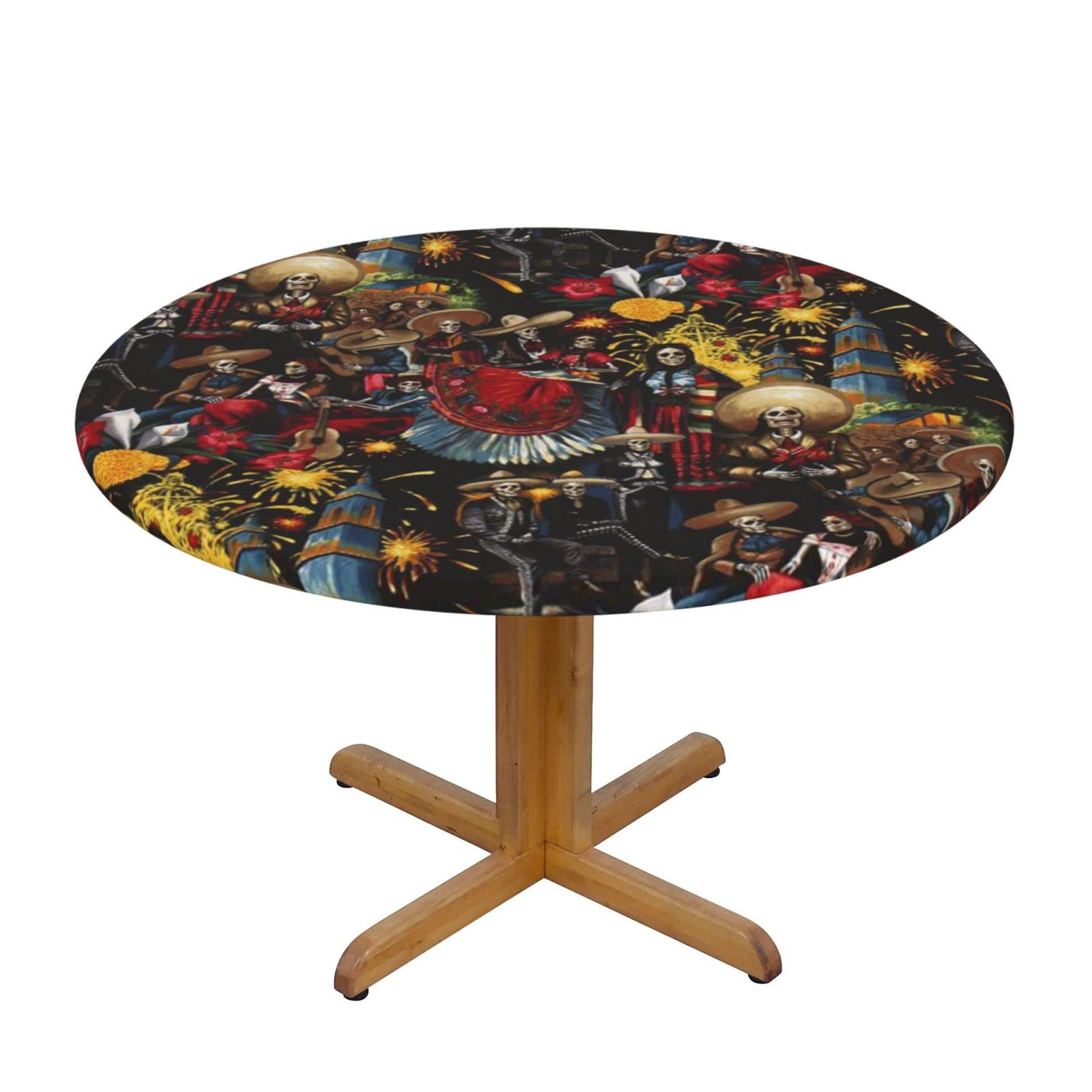 Lsjuee Round Fitted Tablecloth 40-44in Elastic Edged Table Cloth for Kitchen Dining Party Home Decor - Skeleton Death Black Celebrate Floral