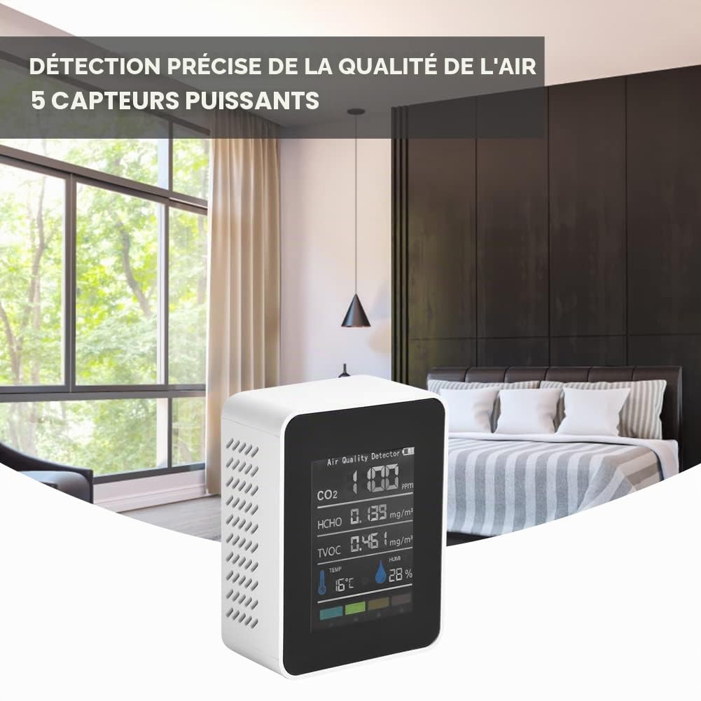 Moniteur de qualité de l'air intérieur 5 en 1 HCHO TVOC Testeur de température et d'humidité Écran LCD coloré Blanc pour Maison Bureau Moniteur d'humidité Temp,testeur de qualité de l'air