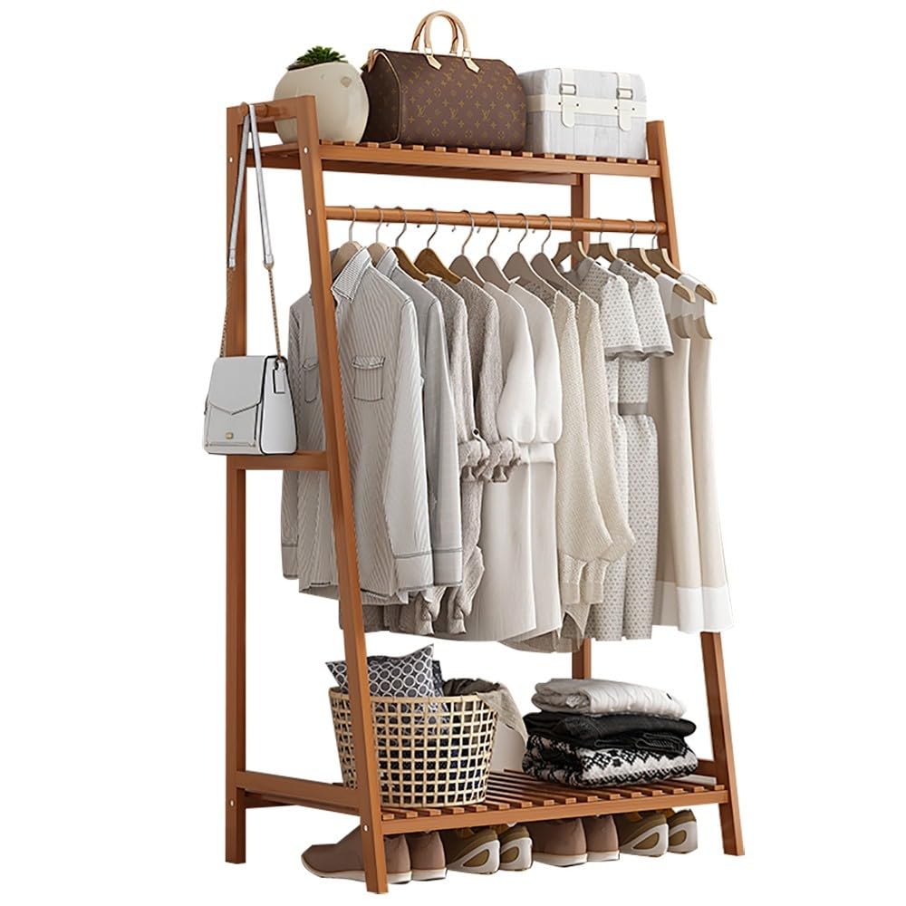 Freestanding Bamboo Clothes Rail with Top Shelf - Versatile Coat Stand & Garment Rack, Open Clothing Hanger nizer for Bedroom, Hallway & Entryway Storage