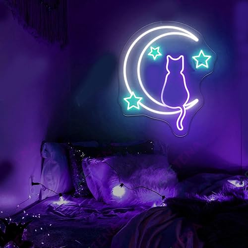 Moon Cat Neon Wall Art – Vibrant LED Decor for a Lively Place, Cat Wall Decor, Kids Room Wall Decoration, Led Wall Art, Custom Size - Purple