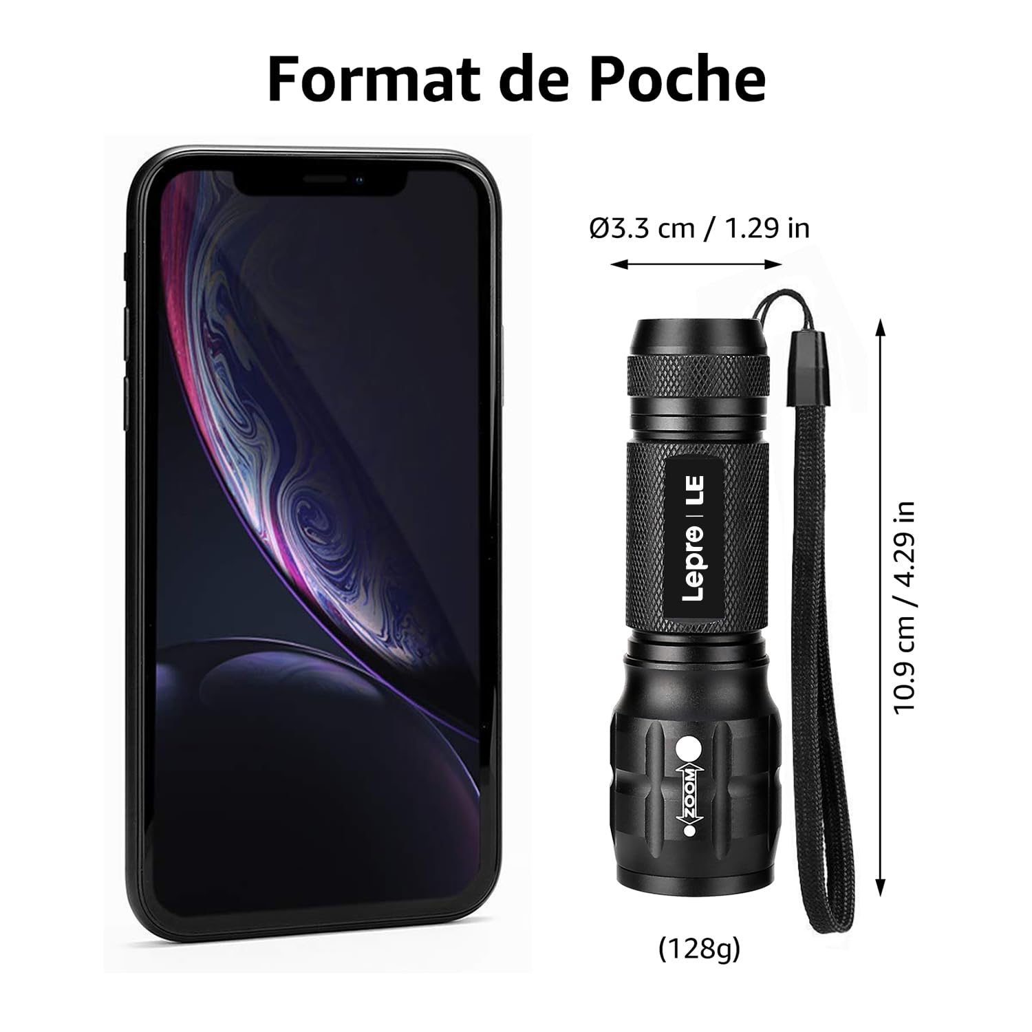 Lepro Lampe Torche L8000 Puissante LED Militaire Zoomable Étanche IPX4 Aluminium Camping Randonnée