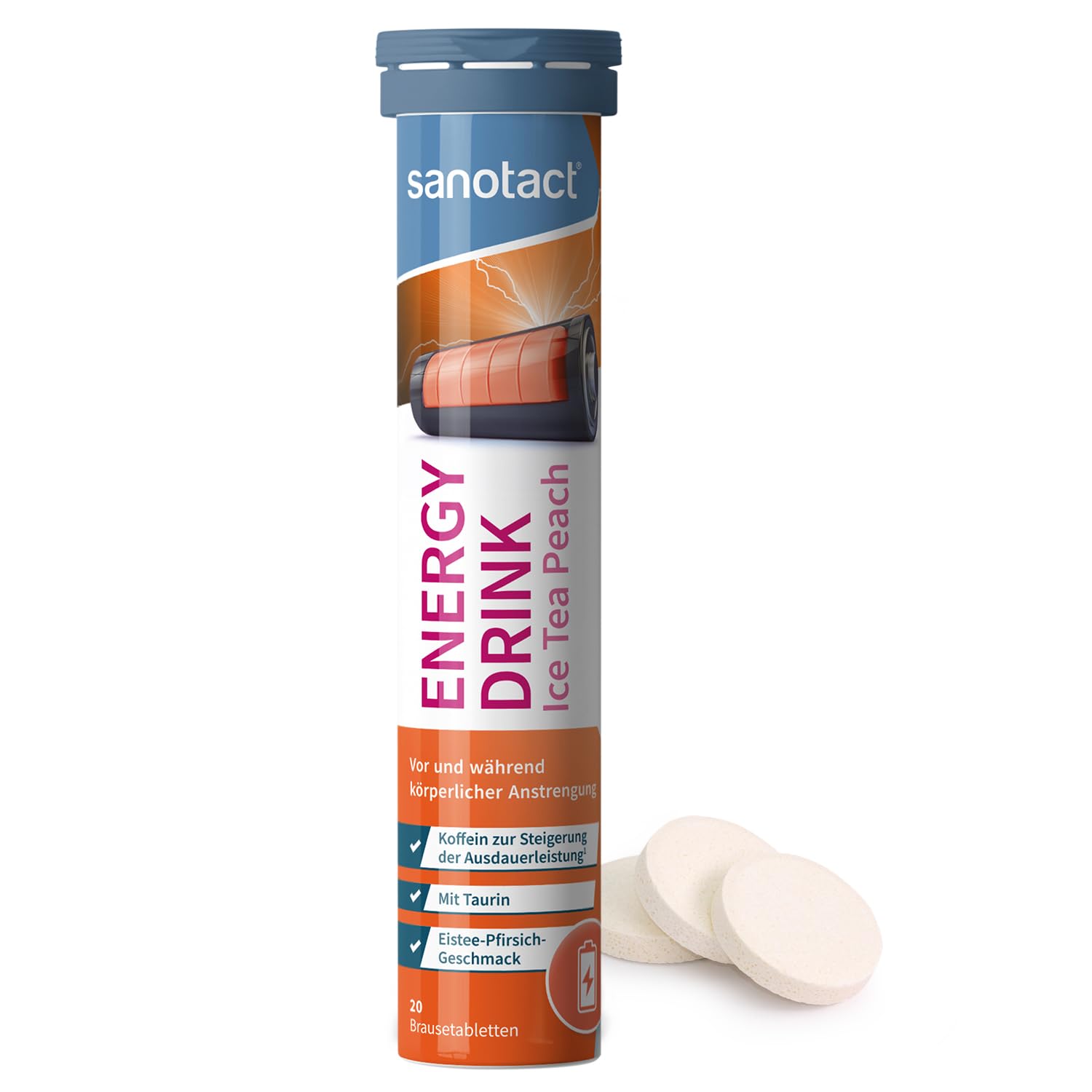 sanotact Energy Drink Effervescent Tablets Iced Tea Peach (Pack of 20) - Taurine + Caffeine + B Vitamins - Sugar Free & Calorie Free - For Energy, Endurance & Focus - Vegan &...