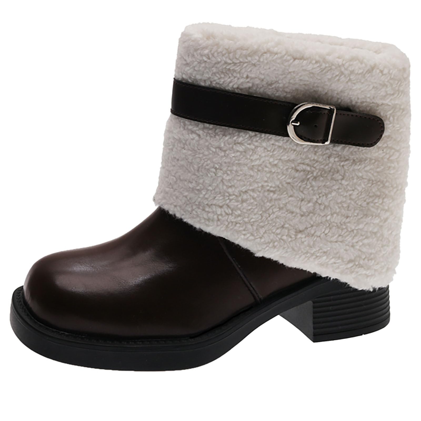 Womens Chunky Heel Platform Fur Lined Snow Ankle Boots With Buckle decor Fashion Faux Fur Trim Block heel