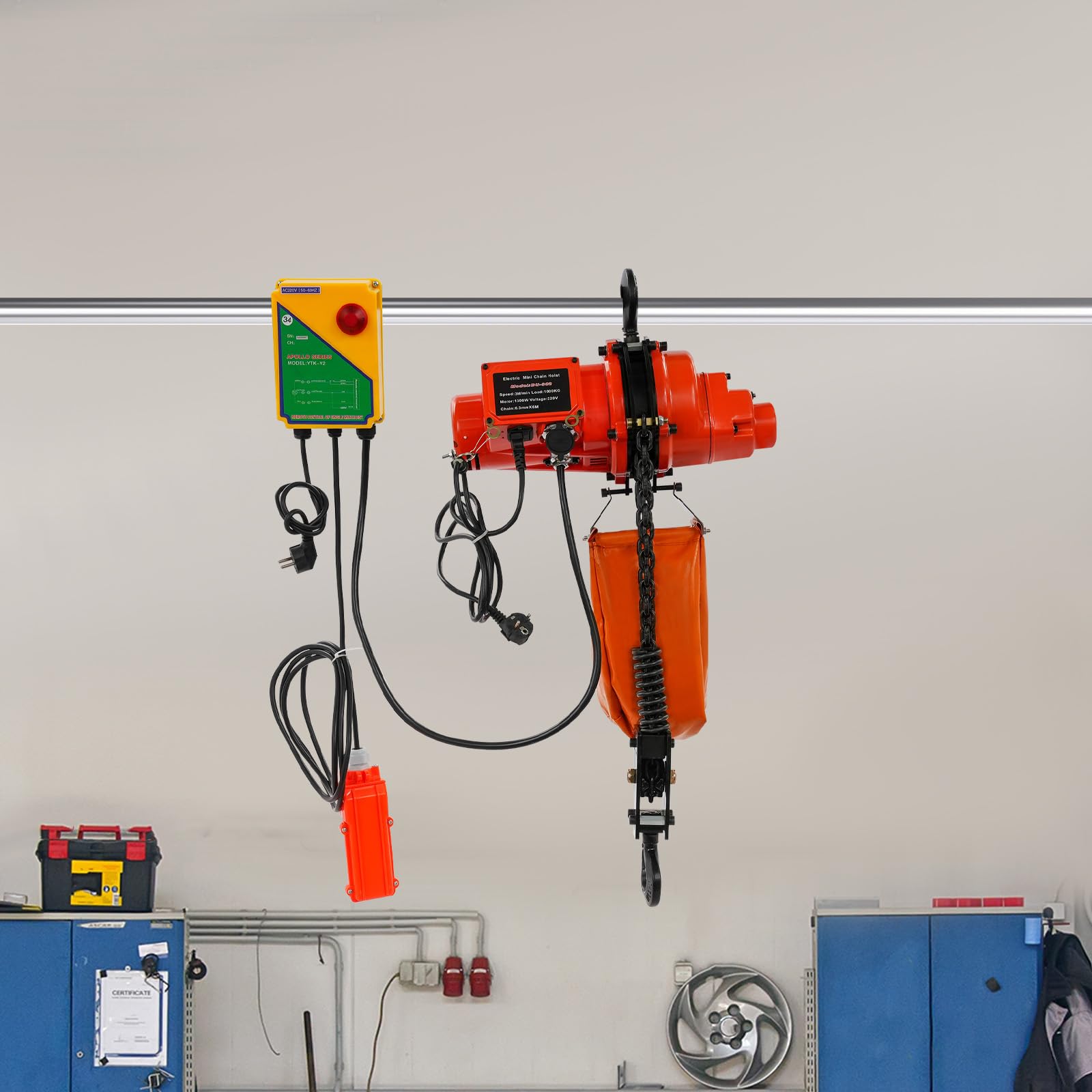 Elektrischer Kettenzug 1000kg, Hebezug mit Fernbedienung, 1300W, 6m Hubhöhe, 100m Kabellose und 4,5m Kabelgebundene Fernbedienung, Elektrische Seilwinde für Fabrik, Lager, Werkstatt (Rot+Orange)