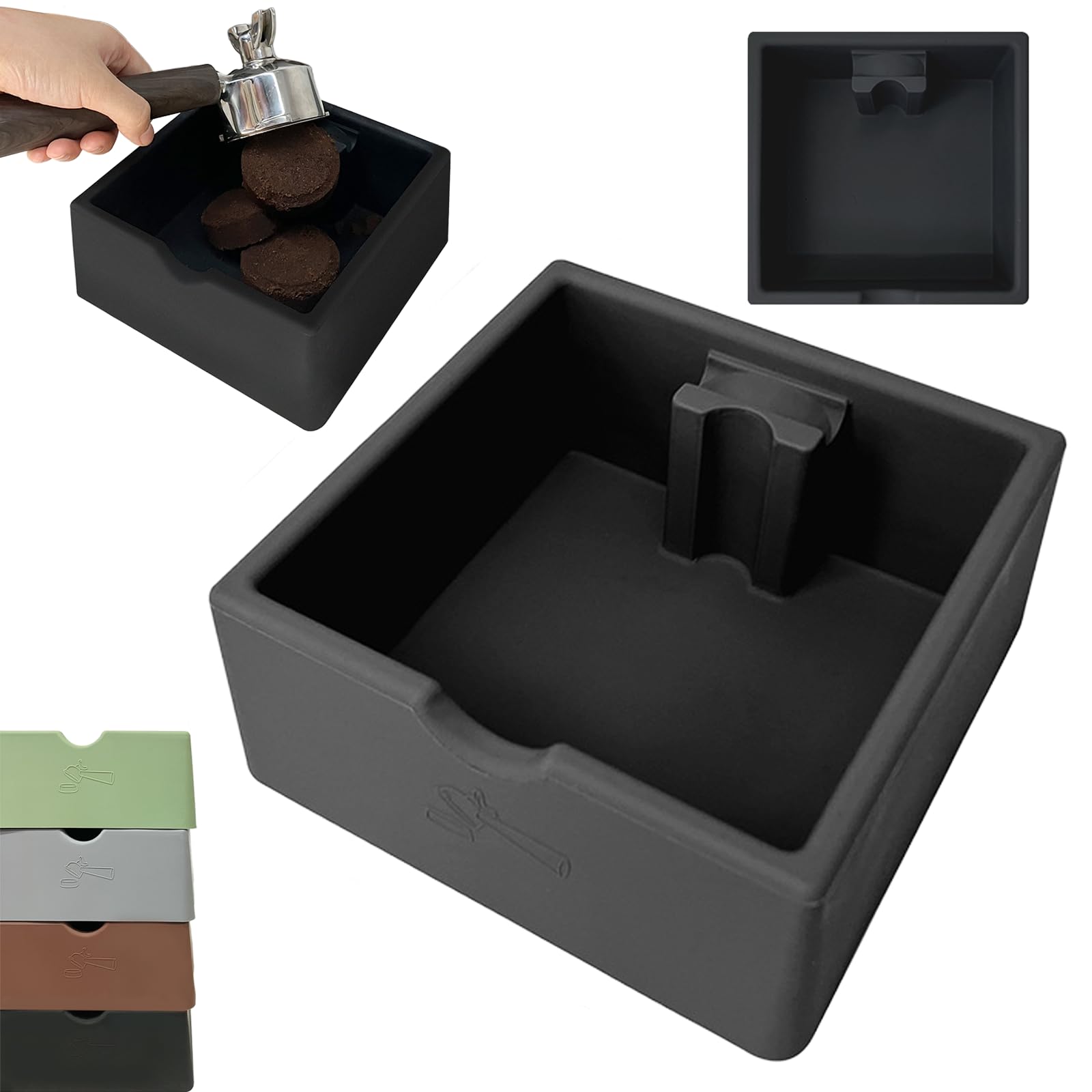 Scatola Fondi di Caffè in Silicone Alimentare,Nero Grande Capacità 15cm Quadrata Knock Box con Colonna Solida,Antiscivolo Lavabile in Lavastoviglie,Accessorio Barista
