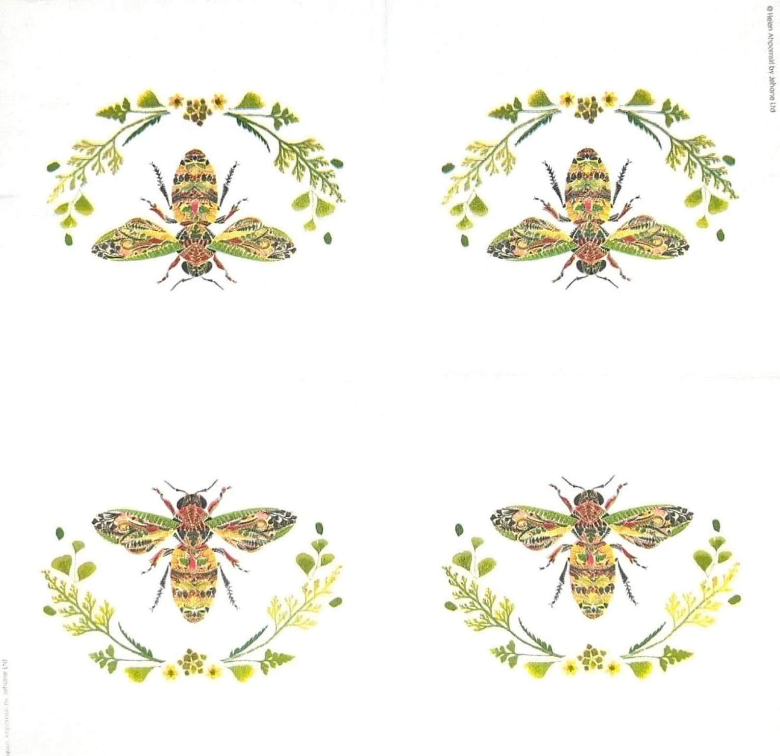 Set of 2 Individual Decoupage Paper Party Napkin Bee Design Plants Artsy Watercolor Decor Luncheon Napkins for a Birthday Holiday, Wedding, Cocktail Party