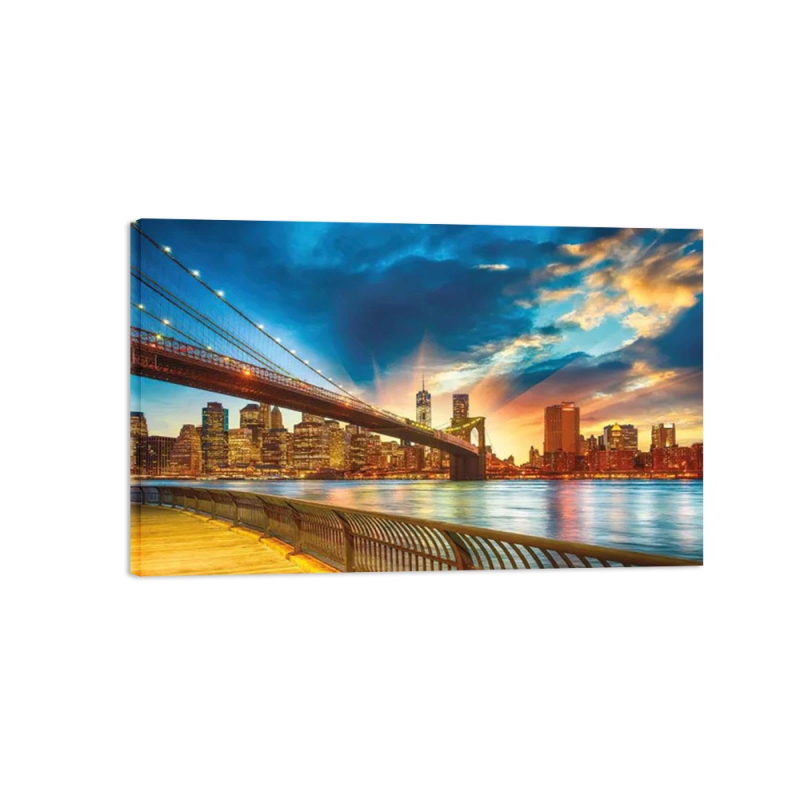 Stadtlandschaft Leinwandbild mit Rahmen Fertig zum Aufhängen-Landschaftsbilder auf Leinwand-Panorama Wandbilder Wohnzimmer-Brücken Gebäude Sunset 60x95cm Umwickelte Leinwand