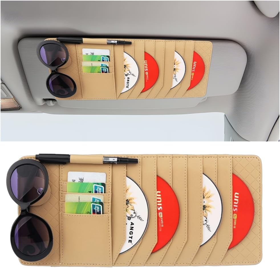 CD Case Holder for Car Sun Visor, Visor DVD Storage Organizer with Sunglasses Clip, Pen Holder & Card Slot, Multifunctional Automotive Disc Storage Pocket, Universal for SUV RV Truck (Beige)