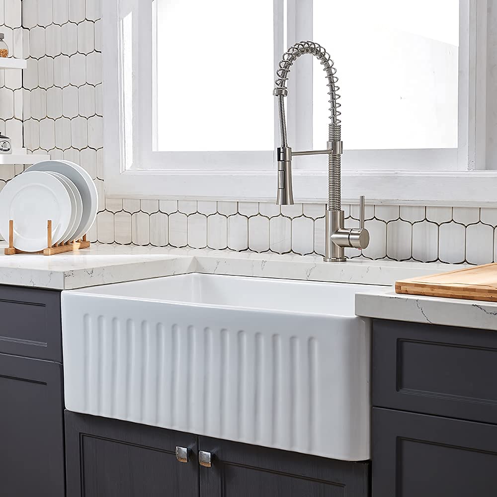 KINGO HOME 24 Inch White Fireclay Farmhouse Sink, ApronFront Porcelain
